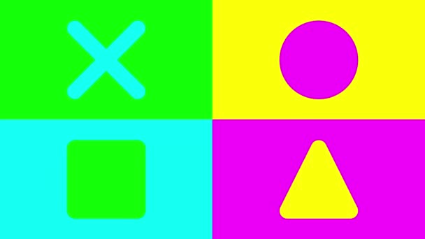 Zuur bewegend gestileerd met azuurgroene roze gele figuren op veranderde gekleurde achtergrond. Gekleurde kruisen vierkanten driehoeken cirkels. Stop bewegingsanimatie. Gif spelcomputer. Abstracte geometrische vormen. — Stockvideo