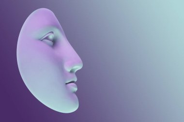 Popüler sanat tarzında maske takan antik insan yüzüyle kolaj. Antik heykel kafasıyla modern yaratıcı konsept imajı. Zine kültürü. Çağdaş sanat posteri. Funky punk minimalizmi. Sıra dışı tasarım