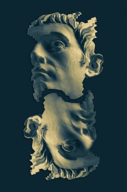 Gerçeküstü bir tarzda insan yüzünün antik heykelinin kolajı. Antik heykel kafasıyla modern yaratıcı konsept imajı. Zine kültürü. Çağdaş sanat posteri. Funky punk minimalizmi. Sıra dışı tasarım.