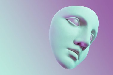 Popüler sanat tarzında maske takan antik insan yüzüyle kolaj. Antik heykel kafasıyla modern yaratıcı konsept imajı. Zine kültürü. Çağdaş sanat posteri. Funky punk minimalizmi. Sıra dışı tasarım