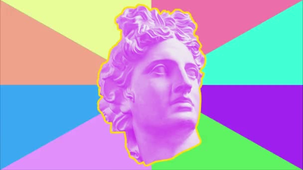 Vaporwave styled with yellow stroke on antique bust of greek with multi colored triangle background Figurine ancient man face. Stop motion animation Apollo stone sculpture. Video Classical statue. GIF — Stock Video
