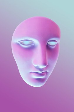 Popüler sanat tarzında maske takan antik insan yüzüyle kolaj. Antik heykel kafasıyla modern yaratıcı konsept imajı. Zine kültürü. Çağdaş sanat posteri. Funky punk minimalizmi. Sıra dışı tasarım