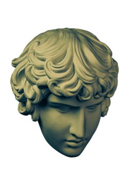 Bronze color gypsum copy ancient statue Antinous head lover of Roman Emperor Hadrian for artists isolated on white background. Plaster sculpture of man face. Template art design dj, fashion, poster. clipart