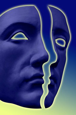 Neon tarzı maskeli insan yüzünün antik heykelinin kolajı. Antik heykel kafasıyla modern yaratıcı konsept imajı. Zine kültürü. Çağdaş sanat posteri. Funky punk minimalizmi. Sıra dışı tasarım.