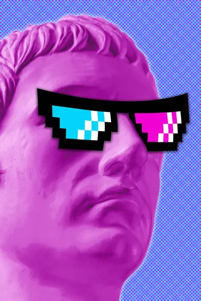 Pop sanat tarzında erkek yüzü antik heykelinin kolajı. Piksel gözlüklü antik heykel kafalı modern yaratıcı konsept görüntü. Zine kültürü. Çağdaş sanat. Garip punk alışılmadık tasarımı.