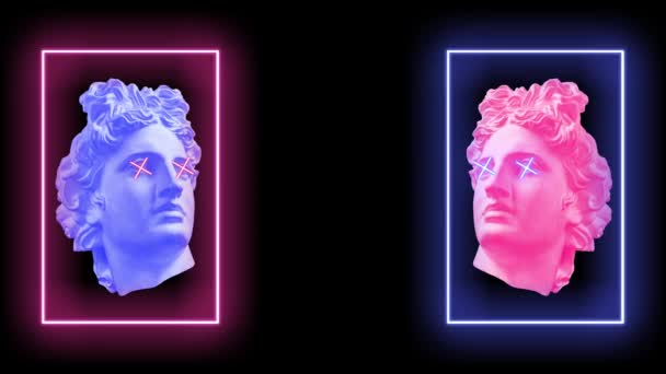 Concetto creativo moderno video 4K con antica testa di statua. GIF animazione con scultura antica del volto umano in stile di gioco. Arte contemporanea stop motion. Funky design insolito. Pop art modello al neon. — Video Stock