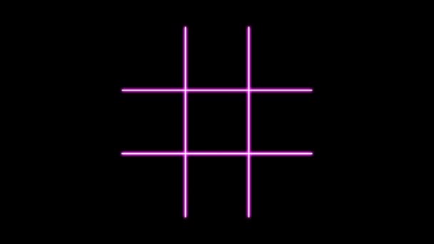 Brillante línea de neón Tic tac toe X-O icono del juego aislado en un negro. Dibujos animados de simulación de bucle de elementos cruzados y cero. Animación 4K Video stop motion. Estilo punk fluorescente. Diseño luminoso de color. — Vídeos de Stock