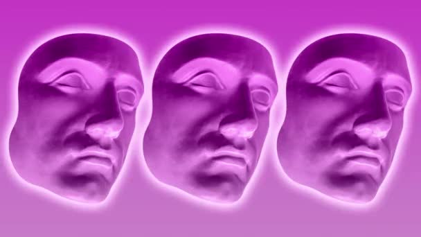 GIF анимация с антикварной скульптурой головы человека в стиле видеоигры. Современная креативная концепция видео 4К с маской древней статуи лица. Современное искусство в фиолетовом тоне. Дизайн. Шаблон поп-арта. — стоковое видео