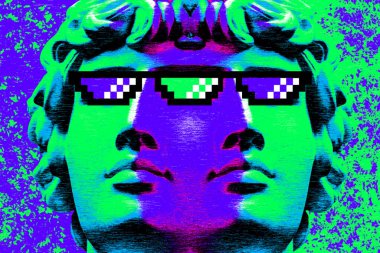 Oyun tarzında iki yüzlü erkek heykelinin antika bir posteri. Piksel gözlüklü antik heykel kafalı modern yaratıcı konsept görüntü. Zine kültürü. Garip punk alışılmadık tasarımı. Çağdaş sanat.