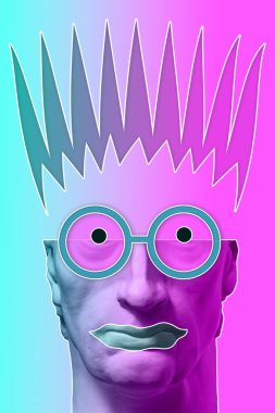 Popüler sanat tarzında insan yüzünün antik heykelinin kolajı. Antik heykel kafasıyla modern yaratıcı konsept imajı. Zine kültürü. Sıra dışı bir tasarım. Çağdaş sanat posteri. Funky punk minimalizmi.