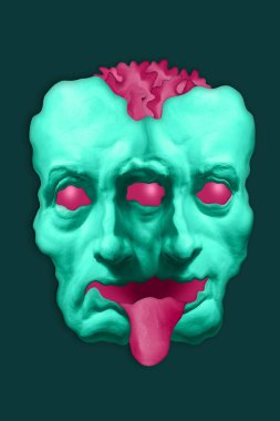 Korkunç gerçeküstü tarzda iki yüzlü insan canavarı maskesi olan bir poster. İkiz kafalı insanımsı modern yaratıcı imaj. Acayip punk CG tasarımı. Zine kültürü. Çağdaş sanat çizimleri.