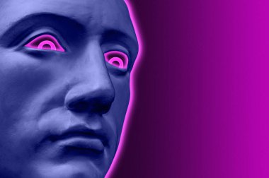 Neon tarzı maskeli insan yüzünün antik heykelinin kolajı. Antik heykel kafasıyla modern yaratıcı konsept imajı. Zine kültürü. Çağdaş sanat posteri. Sıra dışı bir tasarım. Funky punk minimalizmi.