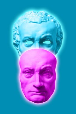 Popüler sanat tarzında insan yüzünün antik heykelinin kolajı. Antik heykel kafasıyla modern yaratıcı konsept imajı. Zine kültürü. Sıra dışı bir tasarım. Çağdaş sanat posteri. Funky punk minimalizmi.