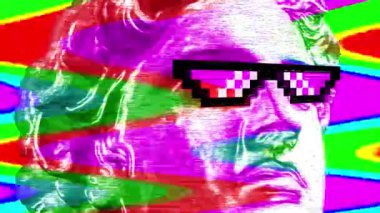 Renkli gözlüklü antik heykel kafalı modern yaratıcı video 4K. Çağdaş stop sinema sanatı. Garip pop sanat şablonu. Oyun tarzında insan yüzünün antik heykeli ile GIF animasyonu.