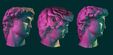 Michelangelo 'nun parlak neon rengi heykeltraş David' in üç adet alçıdan kopyası. Sanatçılar için David heykelinin alçıtaşı kopyası. Sanat, DJ, moda, poster, zine için şablon tasarımı.