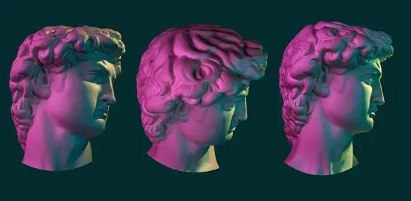 Trei Profile Față Replică Sculpturii David Michelangelo Culori Strălucitoare Neon fotografii de stoc fără drepturi de autor