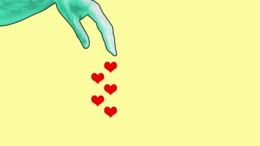 Modern yaratıcı konsept video 4K ve düşen kalpler. Oyun tarzında insan parmaklarıyla GIF animasyonu. Çağdaş stop sinema sanatı. Acayip sıra dışı bir tasarım. Çizgi roman tarzı. Pop sanat şablonu.