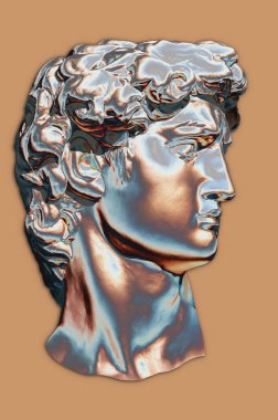 David Michelangelo 'nun ünlü gençliğine bakın. Bej arka planda izole edilmiş sanatçılar için parlak neon renkli kafa heykeli David 'in alçıtaşı kopyası. Zine, dj, moda, poster tasarımı.