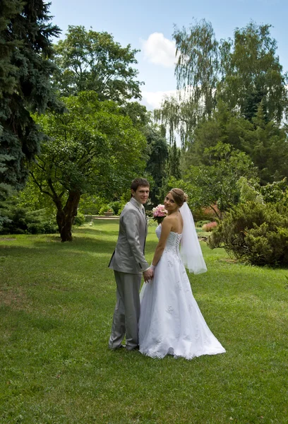 Bride and groom walking in a park — Stock Photo, Image