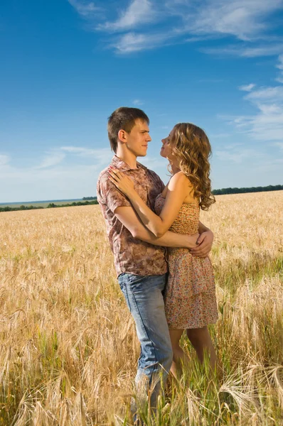 Älskande par på vete fält — Stockfoto