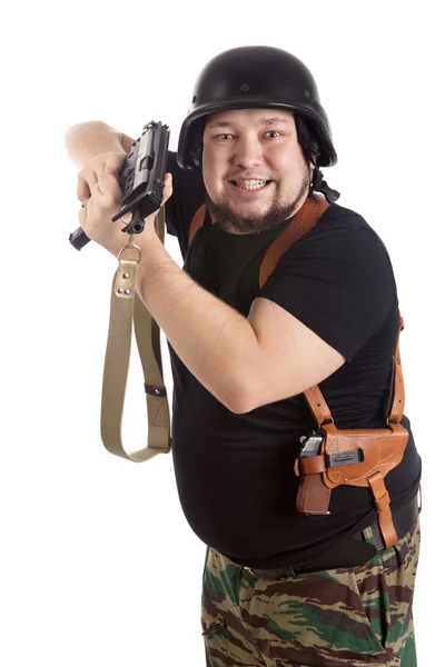 Visando soldado no capacete com a espingarda — Fotografia de Stock