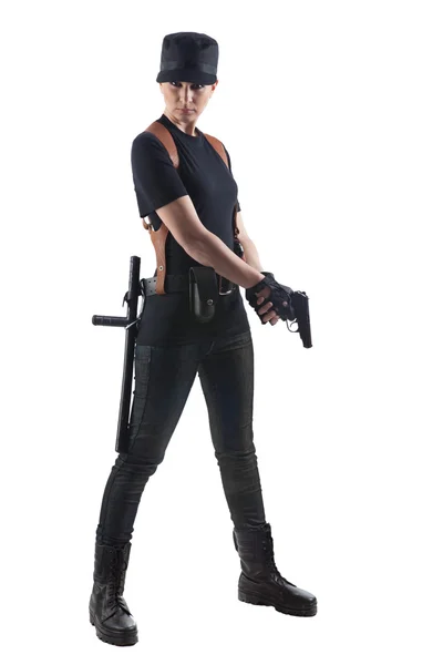 Officer woman with two guns — Stock Photo, Image