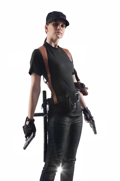 Officer woman with two guns — Stock Photo, Image