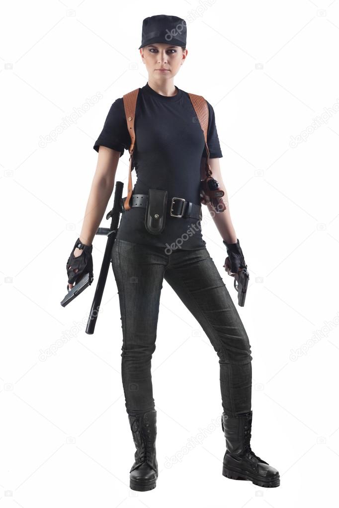 Officer woman with two guns