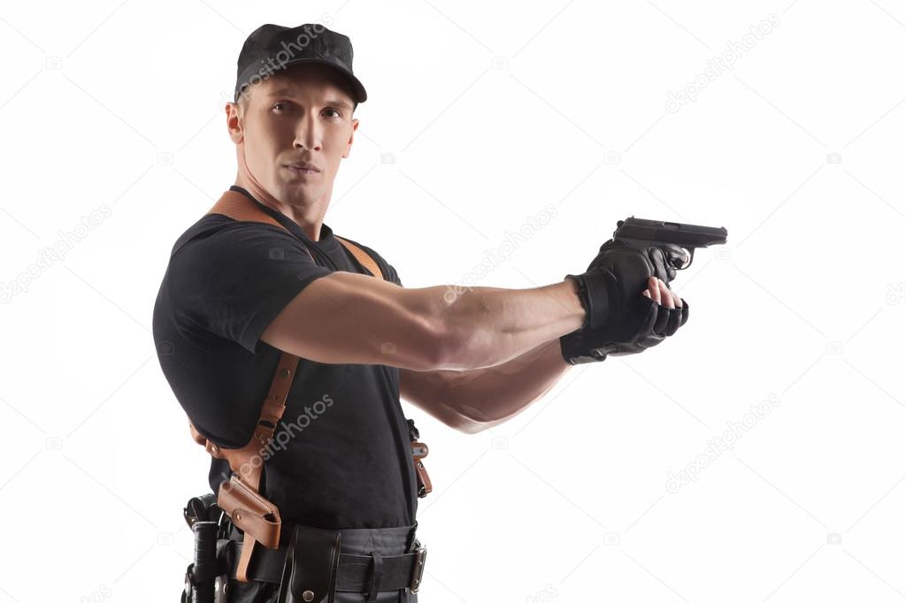 Powerful police officer with gun