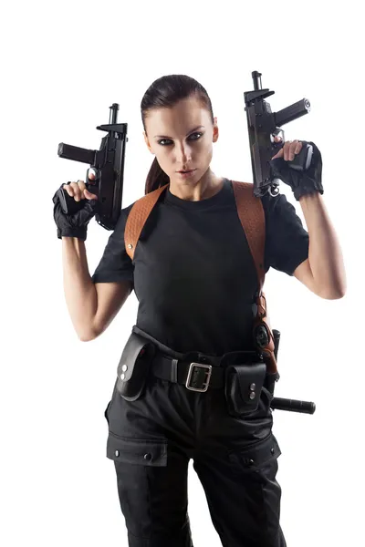 Police officer is holding 2 guns — Stock Photo, Image