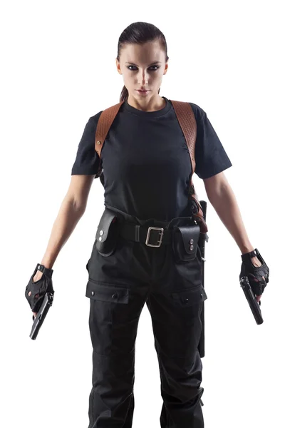 Police officer is holding 2 guns — Stock Photo, Image