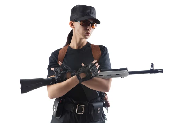 Officer woman with Kalashnikov machine gun — Stock Photo, Image