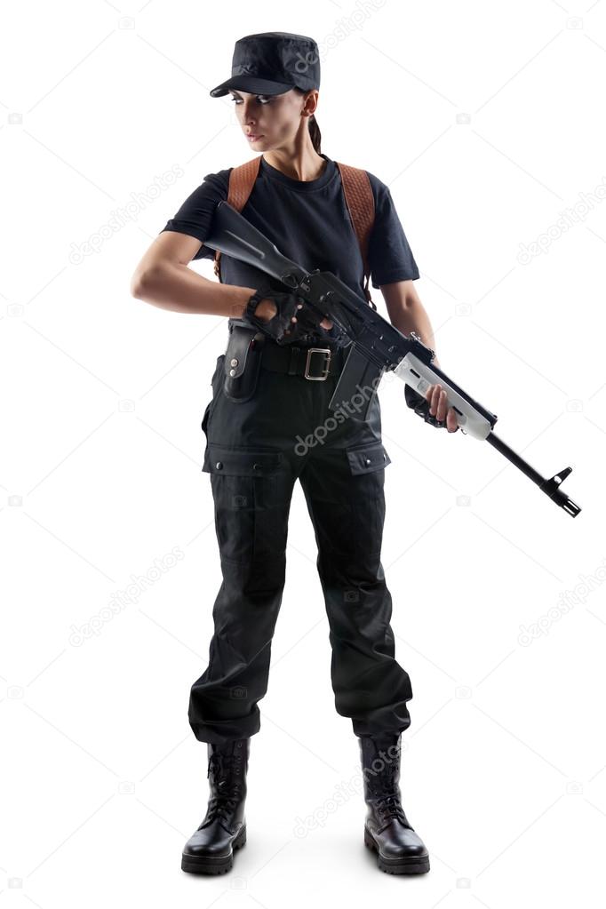 Police officer is holding Kalashnikov