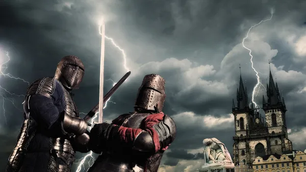 Slag bij een middeleeuwse ridders — Stockfoto