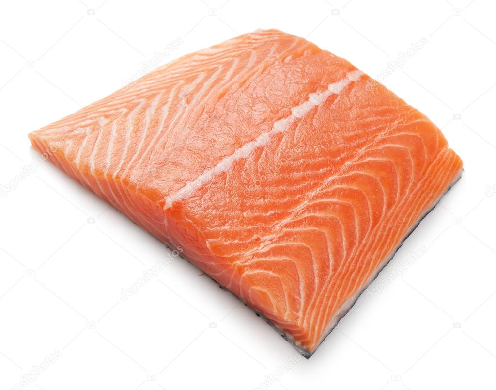 Piece of salmon fish over white