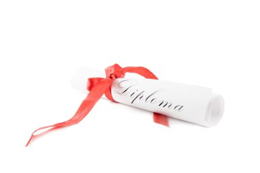 beyaz zemin üzerine kırmızı kurdele ile Diploma