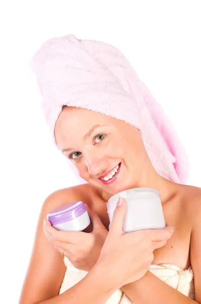 Mooie vrouw inschrijving pot moisturizer crème. — Stockfoto