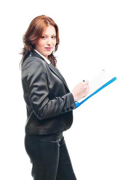 Mujer de negocios aislada sosteniendo una cartera sobre blanco — Foto de Stock