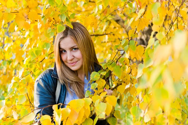 Zblízka portrét podzimní ženy s žlutými listy — Stock fotografie