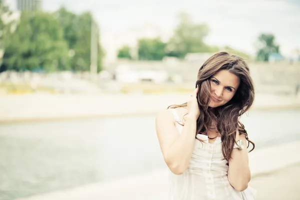 Beautiful european woman with hair flying — Stock Photo, Image