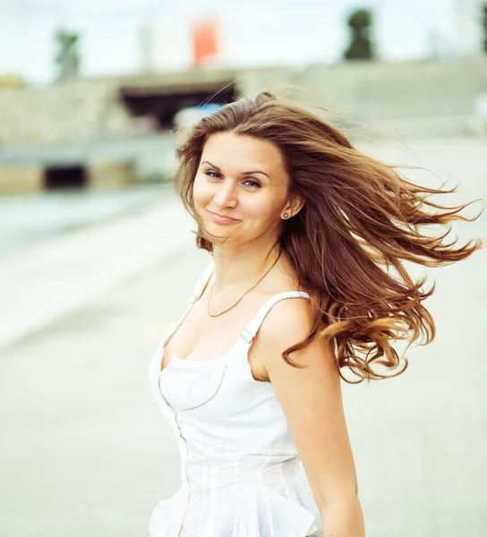 Beautiful european woman with hair flying — Stock Photo, Image