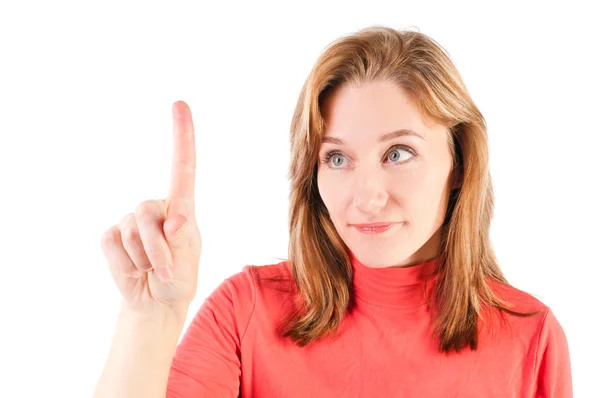 Zakenvrouw aanraken van het scherm met haar vinger — Stockfoto