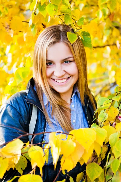 Portret jesień kobieta z żółtymi liśćmi z bliska — Zdjęcie stockowe