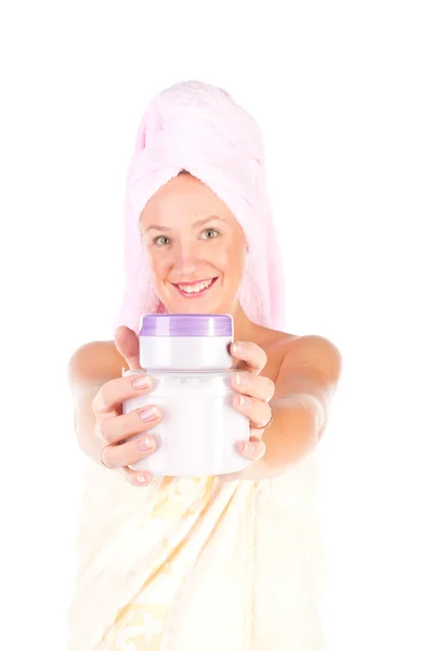 Beautiful woman tender jar of moisturizer cream. — Stock Photo, Image