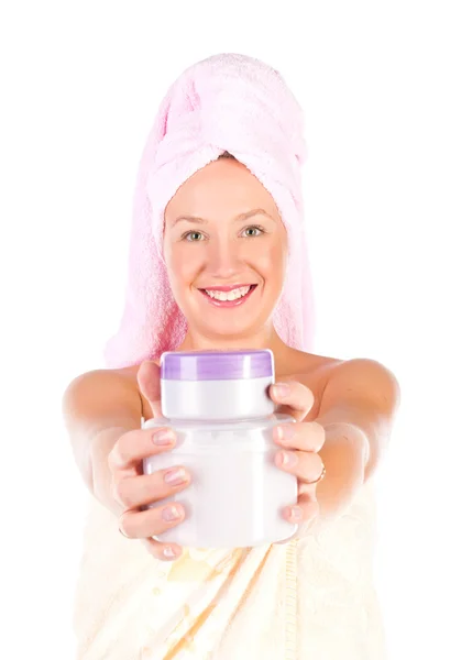 Beautiful woman tender jar of moisturizer cream. — Stock Photo, Image