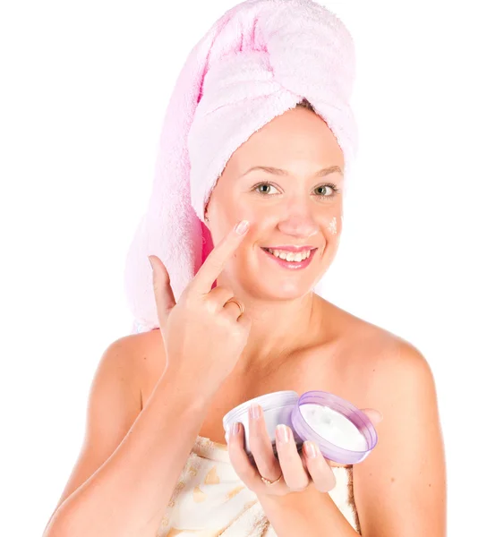 Vacker kvinna anbud burk moisturizer grädde. — Stockfoto