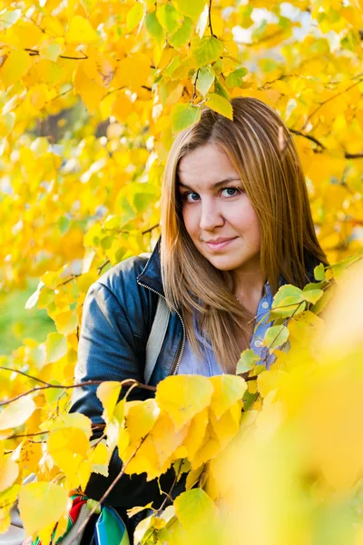 黄色の葉と秋の女性のポートレートを閉じます — ストック写真
