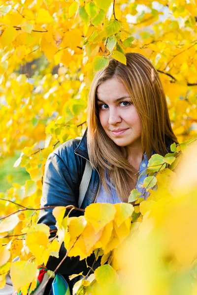 Close up portrait of autumn woman with yellow leaves — Stock Photo, Image