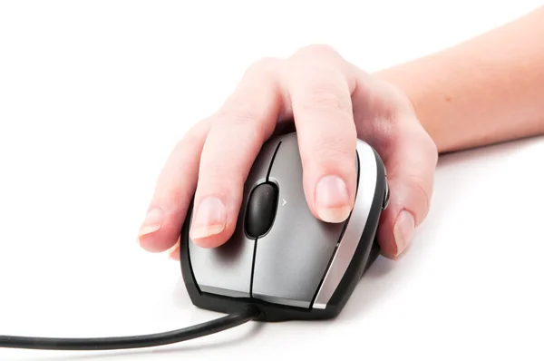 Компьютерная мышь с рукой на белом — стоковое фото