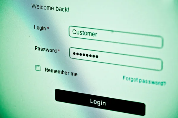 Логин - клиент и пароль. Зеленый экран компьютера — стоковое фото